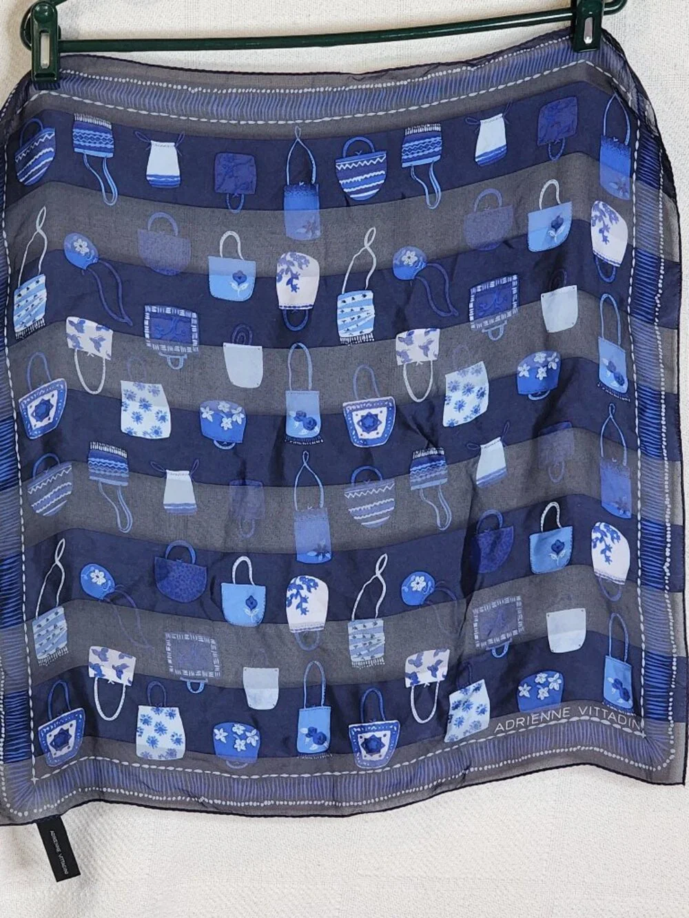 Adrienne Vittadini Vintage Blue White Silk Handbag Motif Novelty Print Scarf